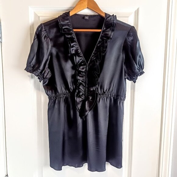 Saks Fifth Avenue Black Silk Charmeuse Ruffle Collar Top - Picture 1 of 6